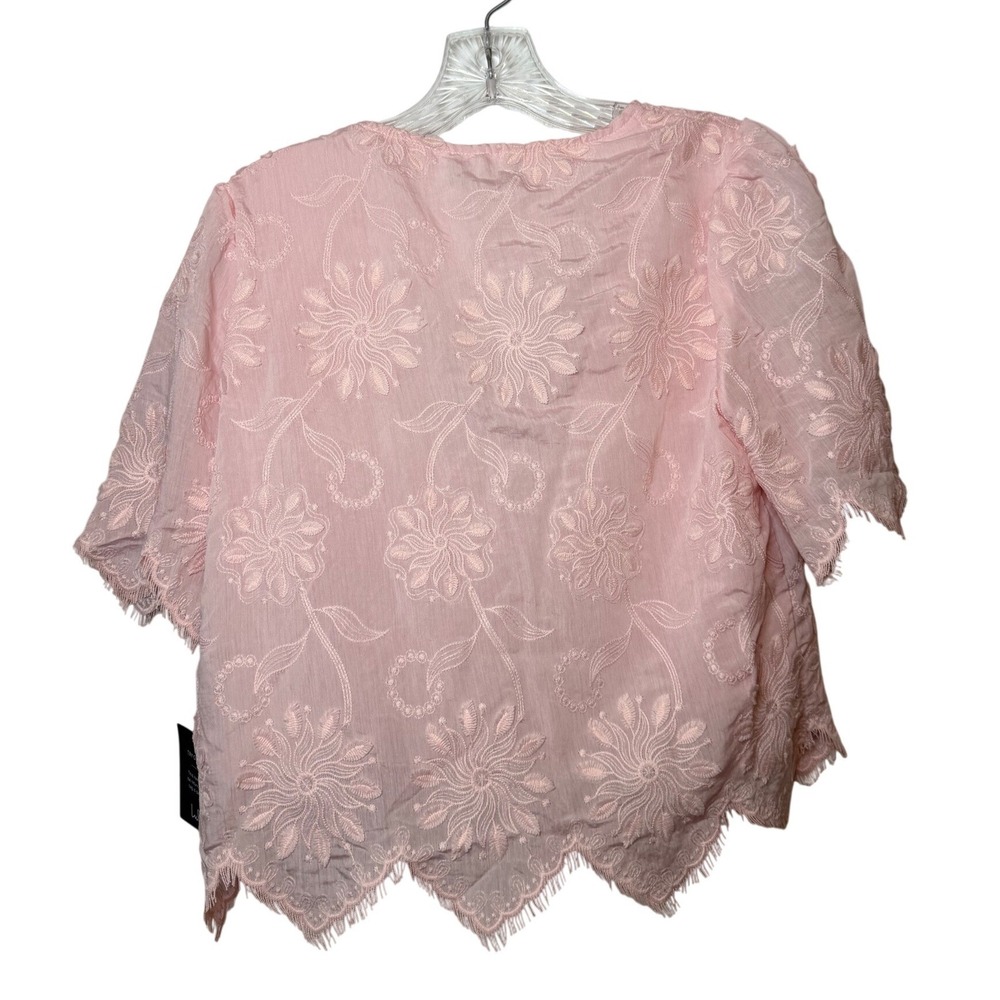 Lulus NWT Pink Floral Embroidered Tie Front Crop Top Scallop Hem Size Medium - Picture 7 of 9